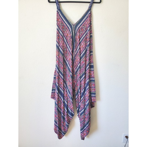 Angie Womens Large Rayon Harem Jumpsuit Boho Paisley Print Blue Festival Hippie - Picture 6 of 7